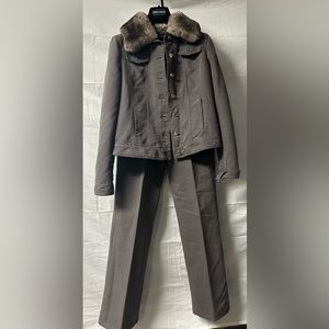 Giorgio Armani jeans jacket with fur trim and straight leg pants.